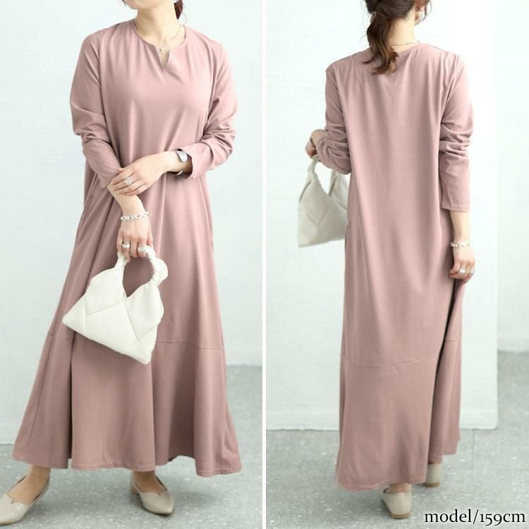 大きいサイズ レディース キーネックワッフルマーメイドワンピース　maru-6745 モーブピンク