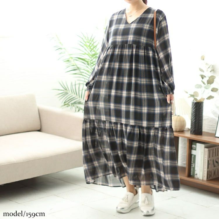 大きいサイズ レディース 前後2wayチェック柄ティアードワンピース　maru-6736