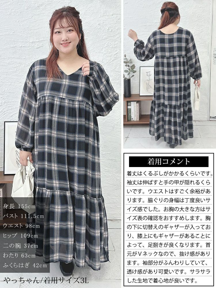 大きいサイズ レディース 前後2wayチェック柄ティアードワンピース　maru-6736