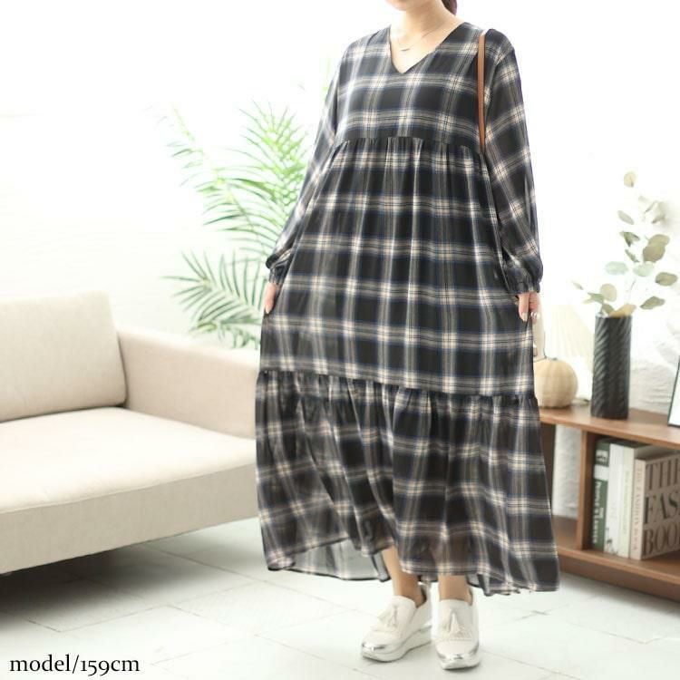 大きいサイズ レディース 前後2wayチェック柄ティアードワンピース　maru-6736 ブラック