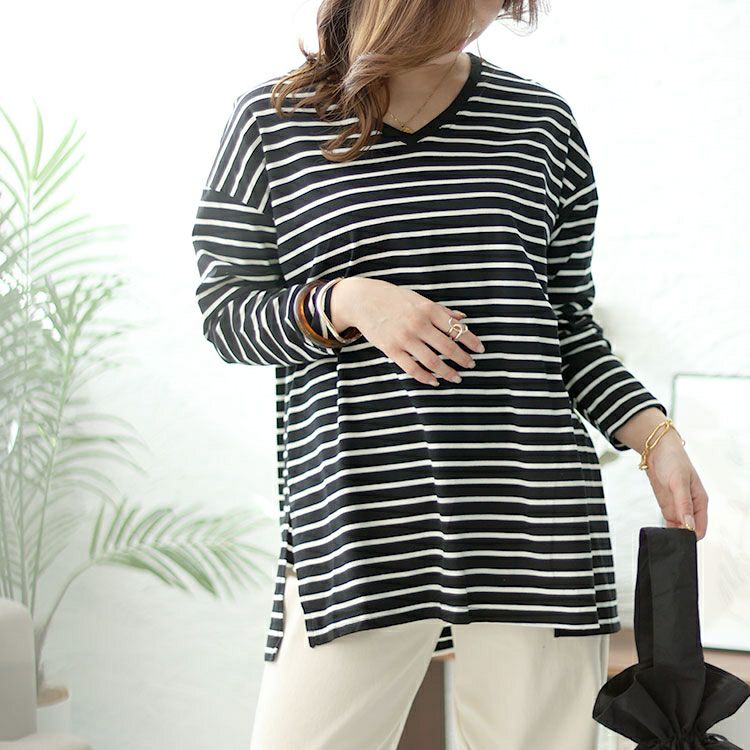 大きいサイズ レディース Vネックボーダー柄ロングTシャツ　maru-6726