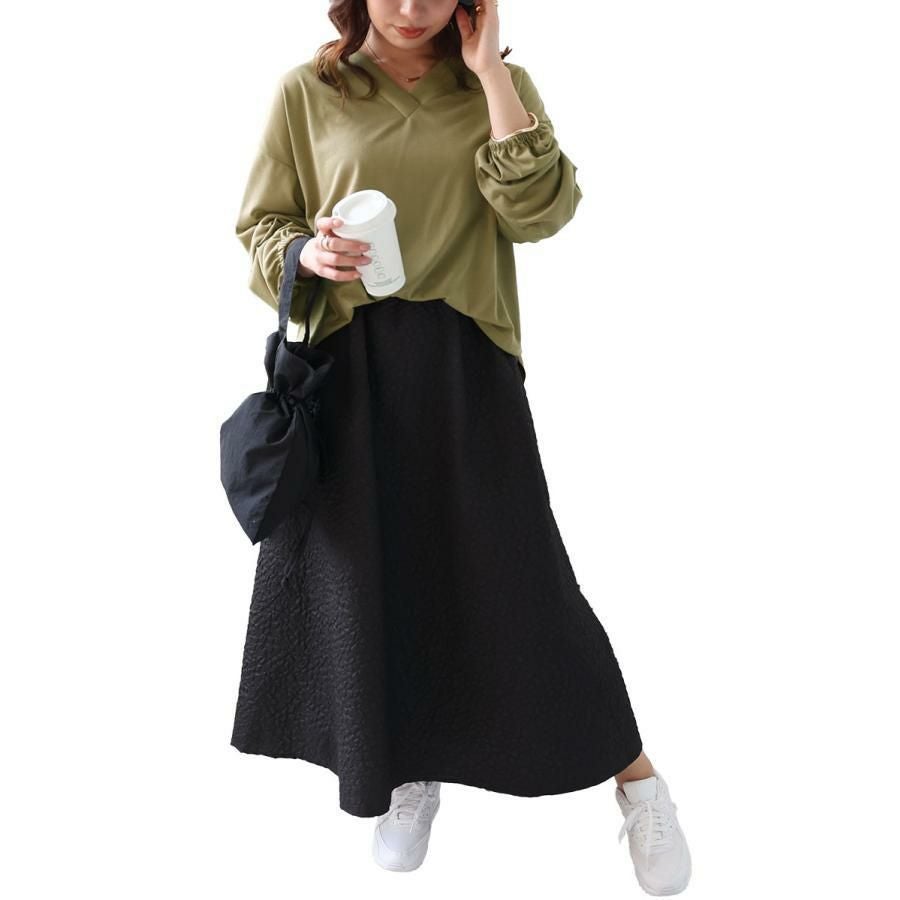 大きいサイズ レディース フクレジャガードドッキングワンピース　fem-457 カーキ×ブラック