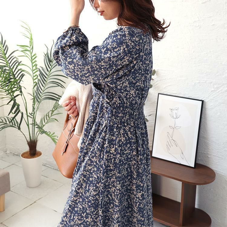 大きいサイズ レディース 小花柄カシュクールワンピース　fem-450 ブルー