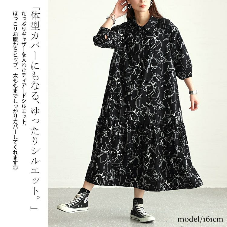 大きいサイズ レディース 花柄ティアードシャツワンピース　fem-439
