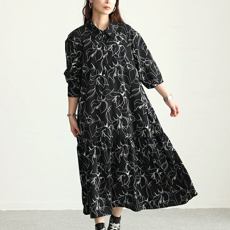 大きいサイズ レディース 花柄ティアードシャツワンピース　fem-439