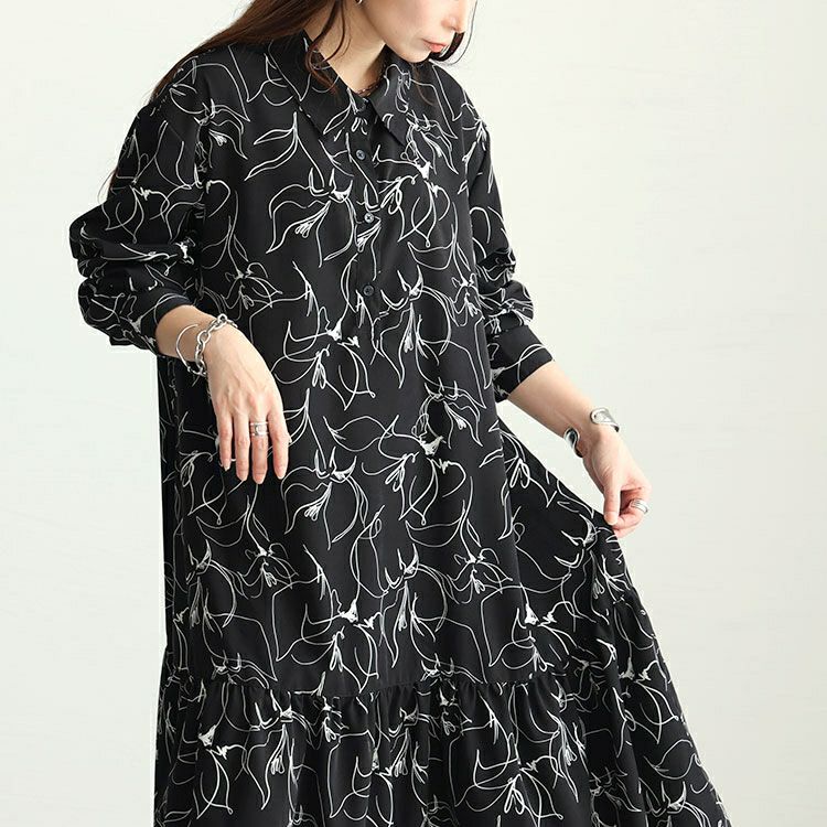 大きいサイズ レディース 花柄ティアードシャツワンピース　fem-439