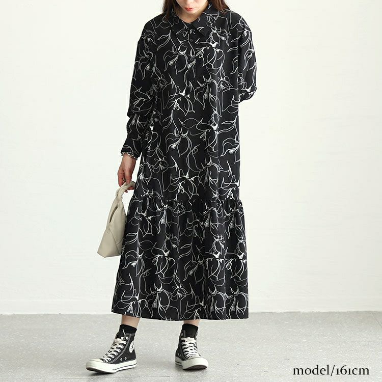 大きいサイズ レディース 花柄ティアードシャツワンピース　fem-439
