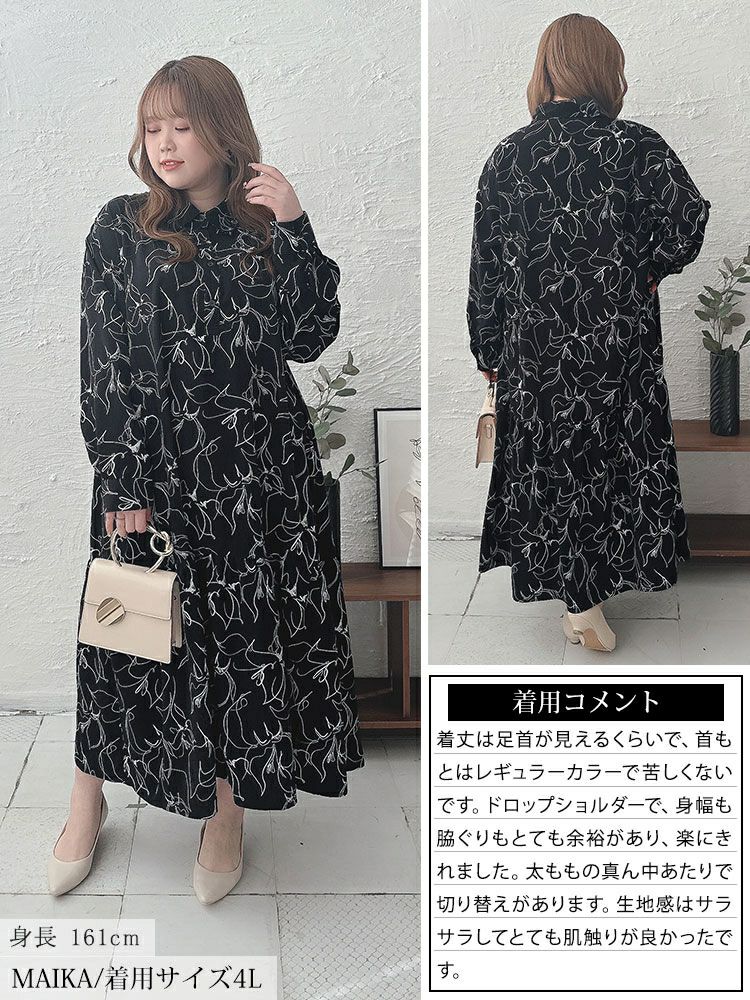 大きいサイズ レディース 花柄ティアードシャツワンピース　fem-439