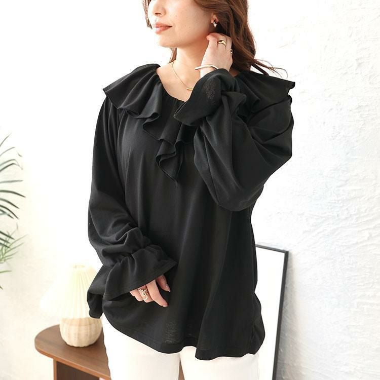 大きいサイズ レディース キャンディスリーブラッフルフリルプルオーバー　fem-429 ブラック