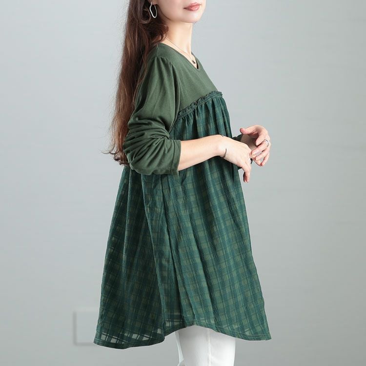 大きいサイズ レディース シアーチェック切り替えチュニック　cast-5542019