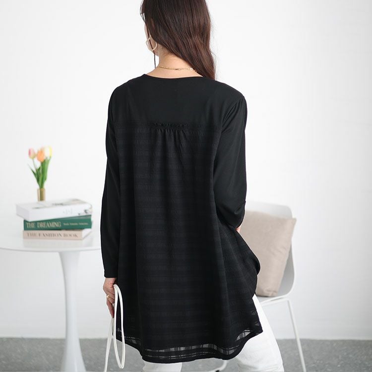 2695 美品 C•O•T•E ニット切替キルティングチュニック ブラック F 大きいサイズ レディース シアーチェック切り替えチュニック cast