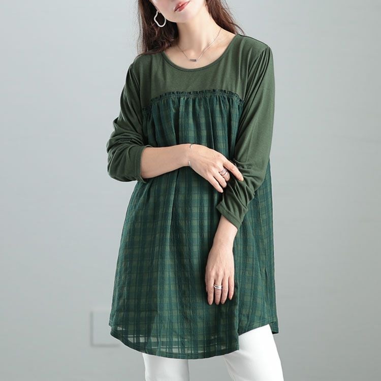 大きいサイズ レディース シアーチェック切り替えチュニック　cast-5542019