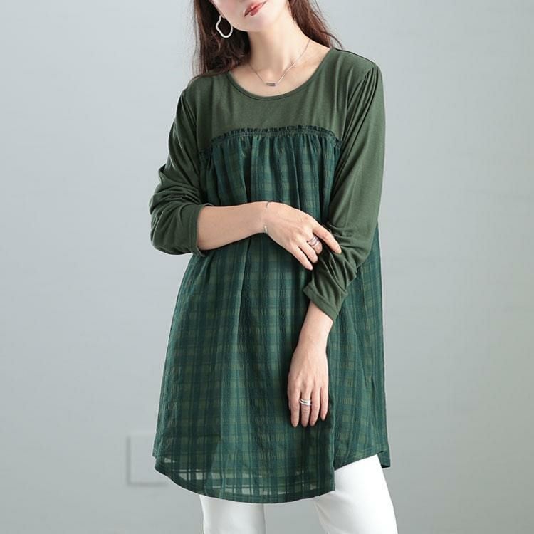 大きいサイズ レディース シアーチェック切り替えチュニック　cast-5542019 カーキ