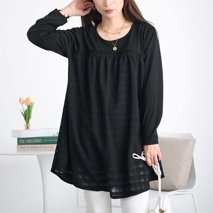 大きいサイズ レディース シアーチェック切り替えチュニック　cast-5542019 ブラック