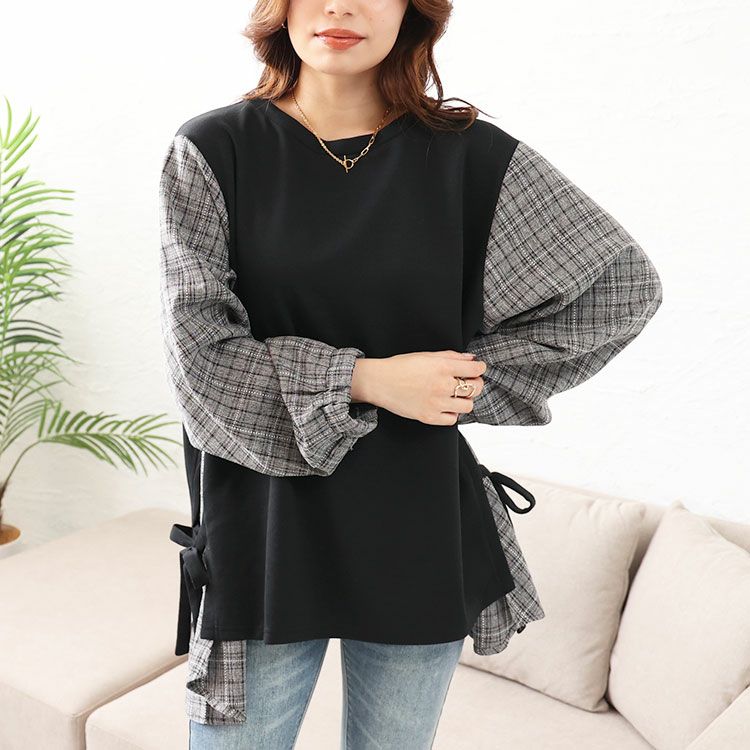 大きいサイズ レディース サイドリボンフェイクレイヤードチュニック　cast-5542017