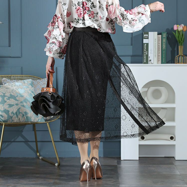 大きいサイズ レディース タイト＆レースフレアレイヤードスカート２点セット　jp500