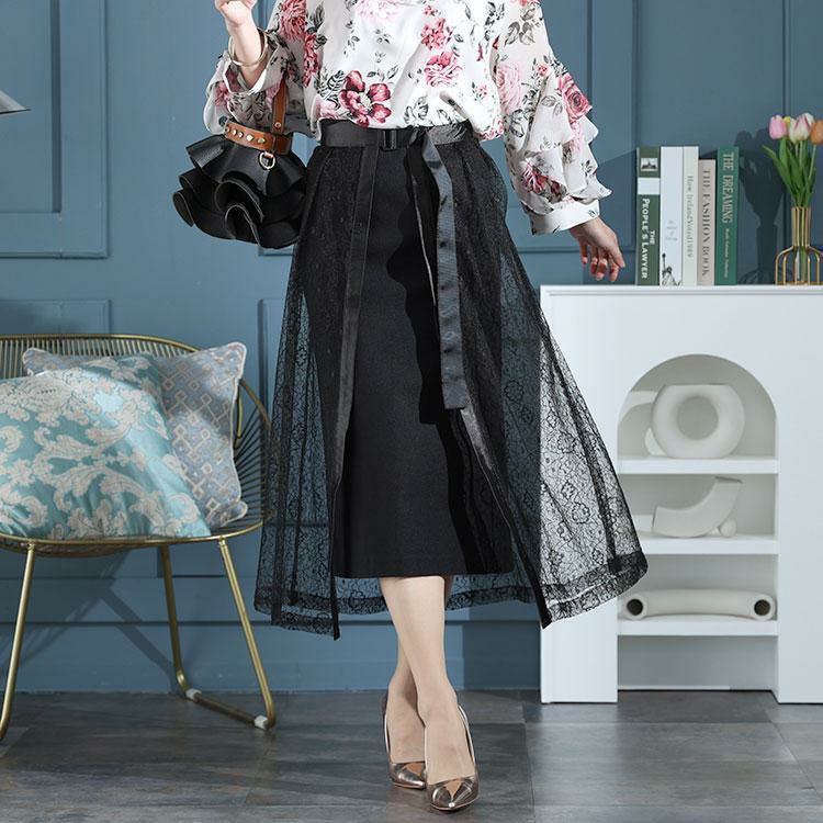 大きいサイズ レディース タイト＆レースフレアレイヤードスカート２点セット　jp500 ブラック