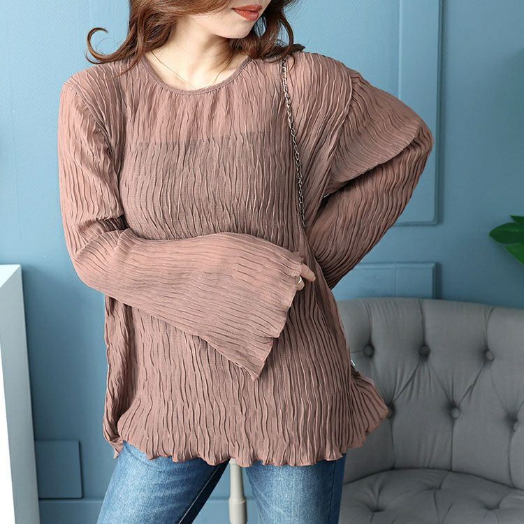 大きいサイズ レディース フレアスリーブワッシャープリーツプルオーバー　maru-6742 【メール便可】