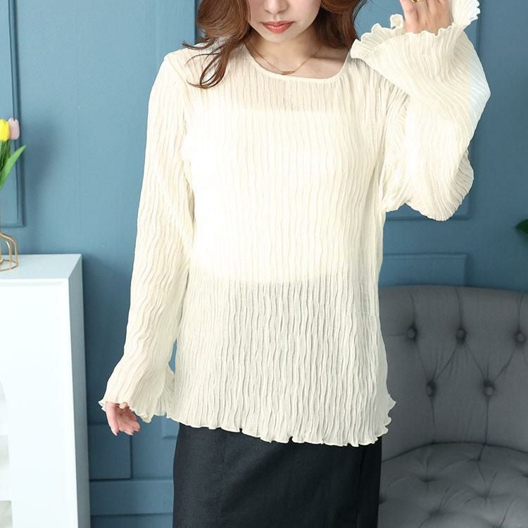 大きいサイズ レディース フレアスリーブワッシャープリーツプルオーバー　maru-6742 【メール便可】 アイボリー