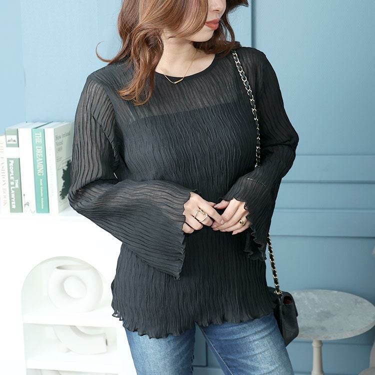 大きいサイズ レディース フレアスリーブワッシャープリーツプルオーバー　maru-6742 【メール便可】 ブラック