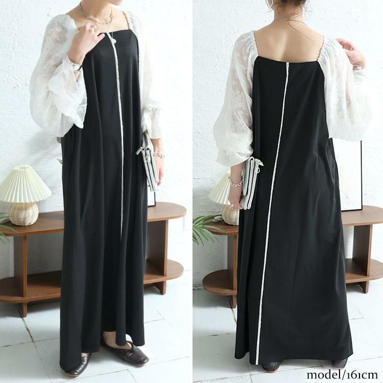 大きいサイズ レディース キャンディースリーブパイピングワンピース　maru-30001 ブラック×ホワイト