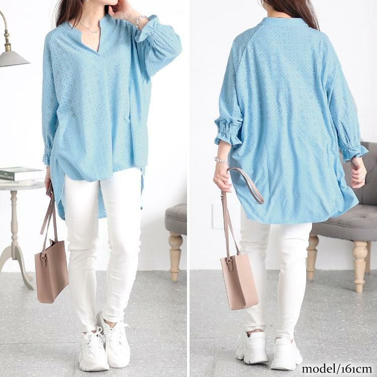 大きいサイズ レディース ストレッチレースドルマンブラウス　maru-6737 ブルー
