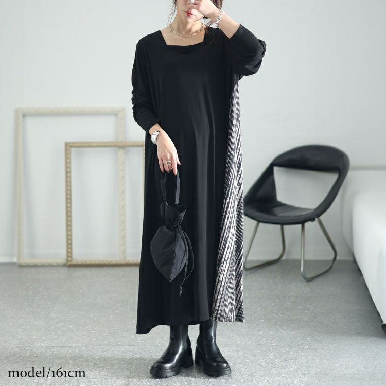 大きいサイズ レディース ランダムストライプ切替えAラインアシメワンピース　kt-7824660