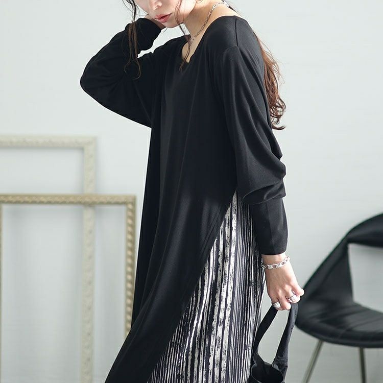 大きいサイズ レディース ランダムストライプ切替えAラインアシメワンピース　kt-7824660