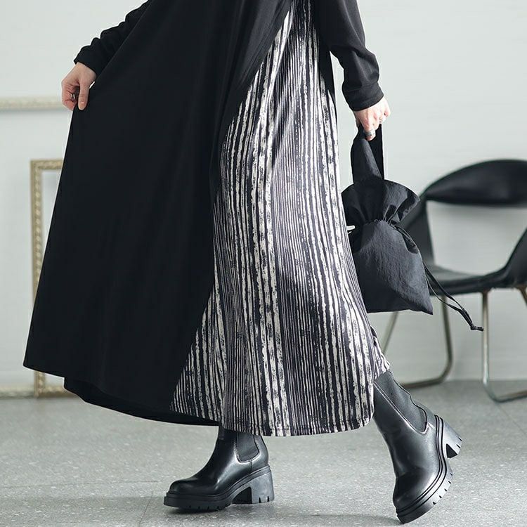 大きいサイズ レディース ランダムストライプ切替えAラインアシメワンピース　kt-7824660