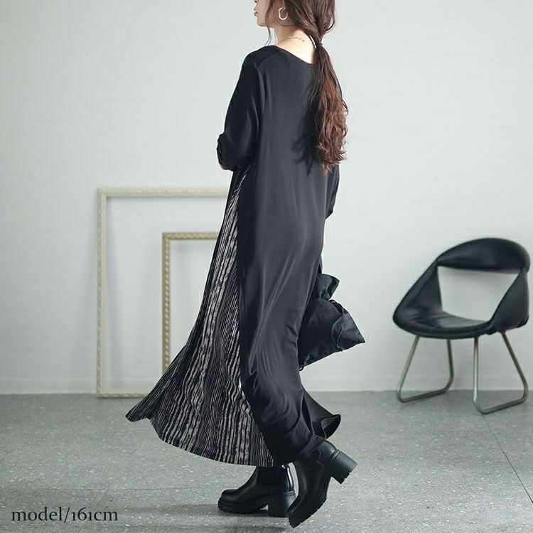 大きいサイズ レディース ランダムストライプ切替えAラインアシメワンピース　kt-7824660