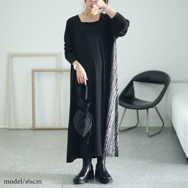 大きいサイズ レディース ランダムストライプ切替えAラインアシメワンピース　kt-7824660 ブラック