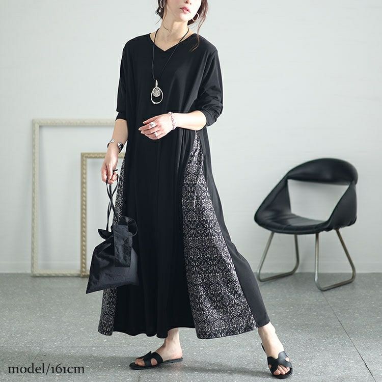 大きいサイズ レディース アラベスク柄切替えAラインワンピース　kt-7824650