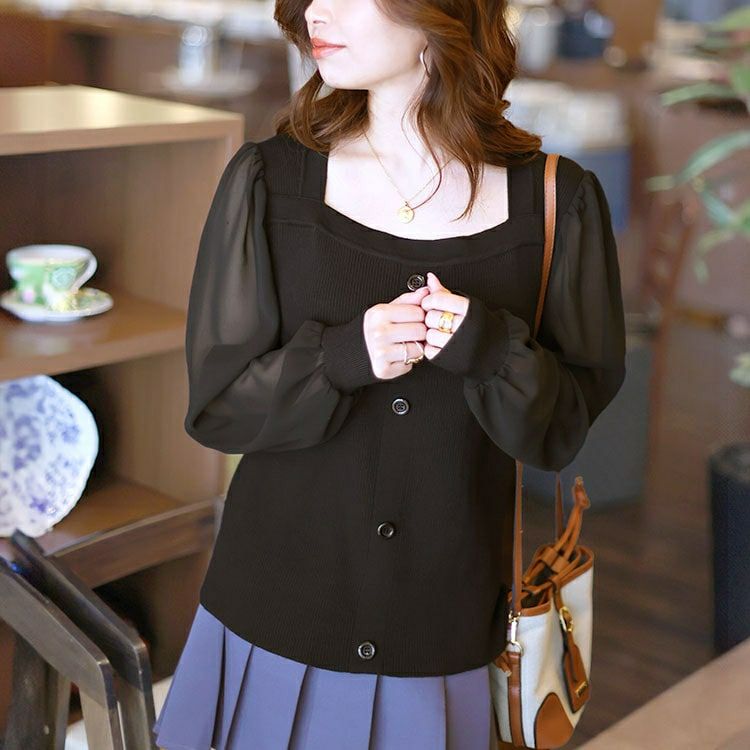 大きいサイズ レディース シアーボリュームスリーブリブニット　jps014