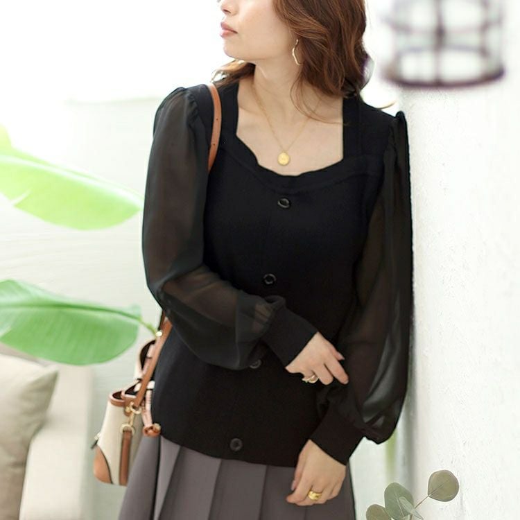 大きいサイズ レディース シアーボリュームスリーブリブニット　jps014