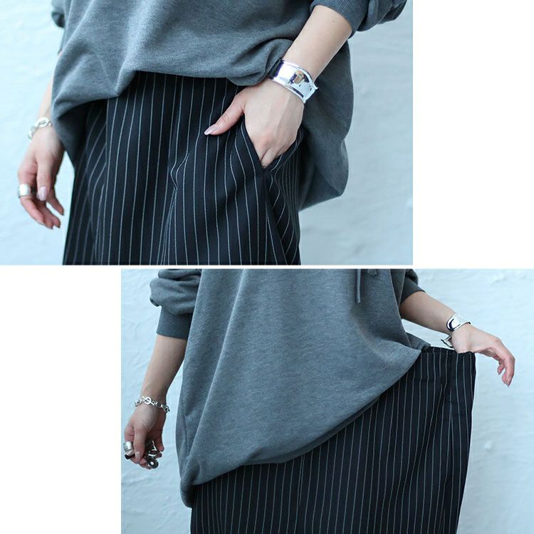 PLATS PLEATS サルエルパンツ 黒青ストライプ 大きいサイズ レディース ストライプサルエルパンツ fem-447 | 大きい