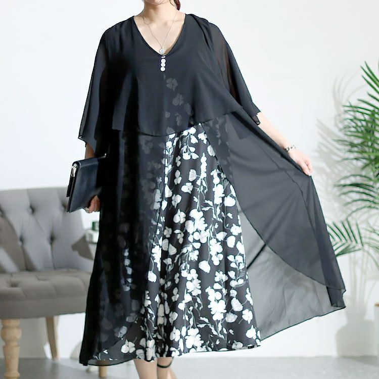 大きいサイズ レディース レイヤード風花柄ワンピース　goldy-1436