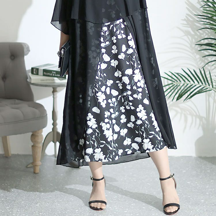 大きいサイズ レディース レイヤード風花柄ワンピース　goldy-1436