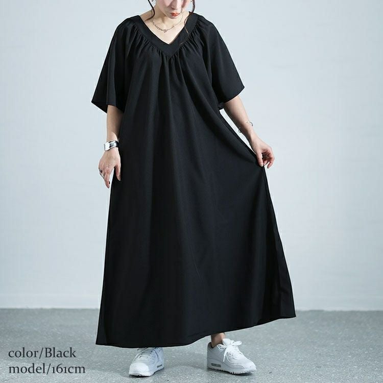 大きいサイズ レディース ギャザーVネックリラックスワンピース　nw-24002