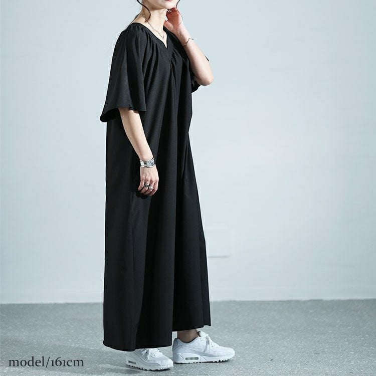 大きいサイズ レディース ギャザーVネックリラックスワンピース　nw-24002