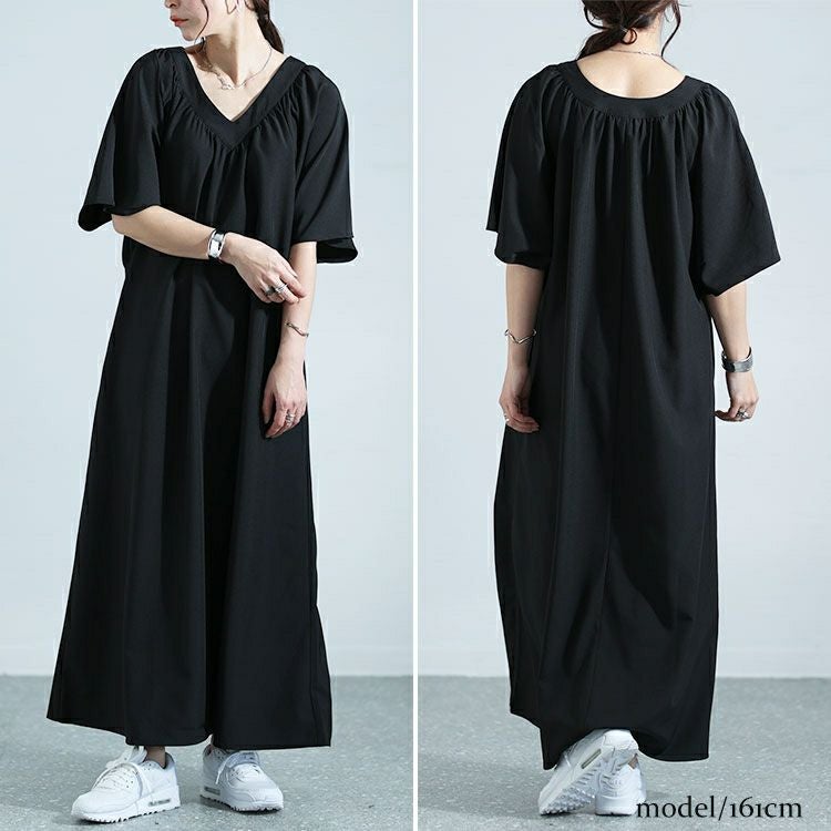 大きいサイズ レディース ギャザーVネックリラックスワンピース　nw-24002