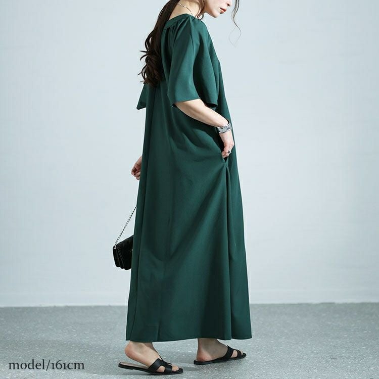 大きいサイズ レディース ギャザーVネックリラックスワンピース　nw-24002