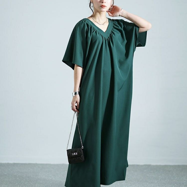 大きいサイズ レディース ギャザーVネックリラックスワンピース　nw-24002