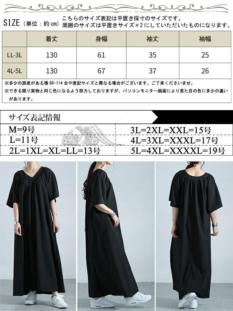 大きいサイズ レディース ギャザーVネックリラックスワンピース　nw-24002