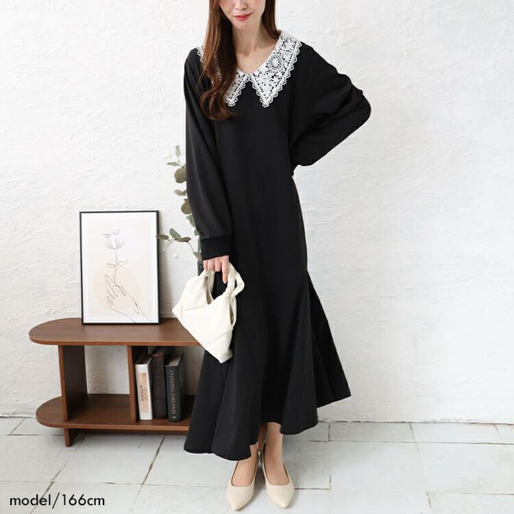 大きいサイズ レディース 襟レースマーメイドワンピース　bro-0041