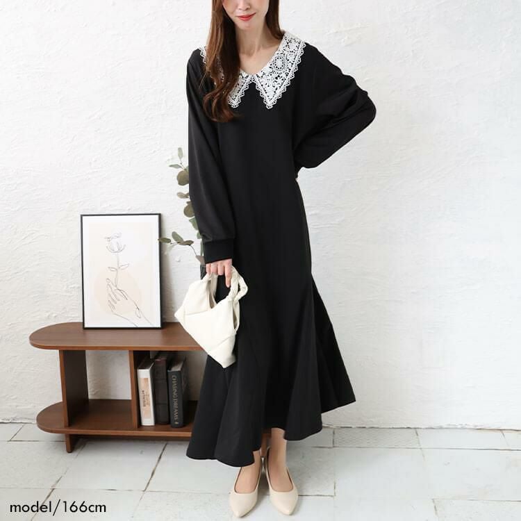 大きいサイズ レディース 襟レースマーメイドワンピース　bro-0041 ブラック