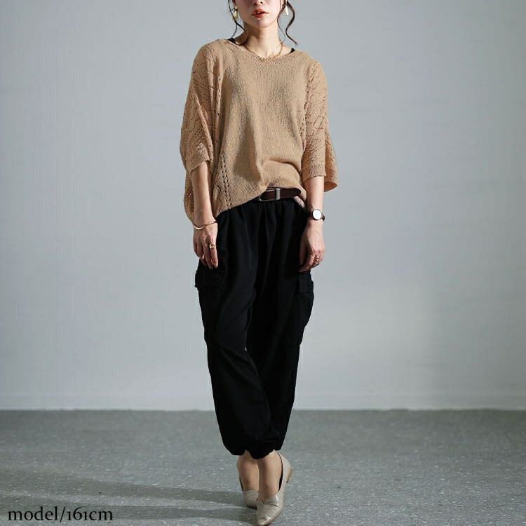 大きいサイズ レディース 透かし編みドルマンニット　bro-0039