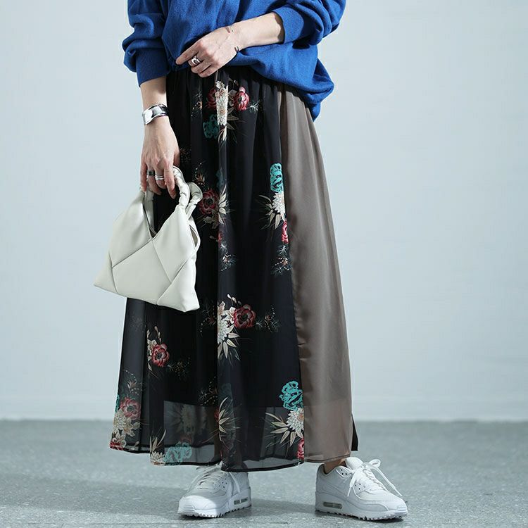 大きいサイズ レディース 花柄切替フレアスカート　nw-24005