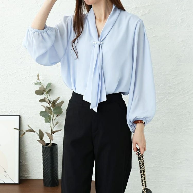 大きいサイズ レディース パール付きシアーボウタイブラウス　mncut-144005 【メール便可】