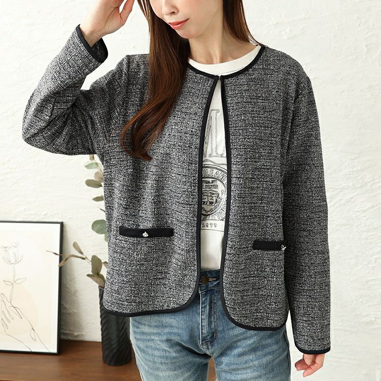 大きいサイズ レディース ラメツイードノーカラージャケット　mncut-144002
