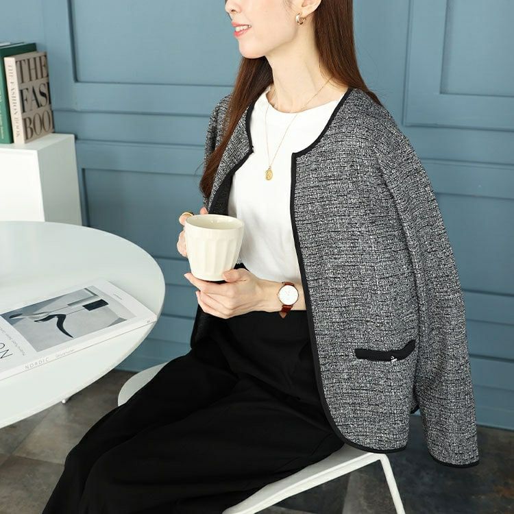 大きいサイズ レディース ラメツイードノーカラージャケット　mncut-144002